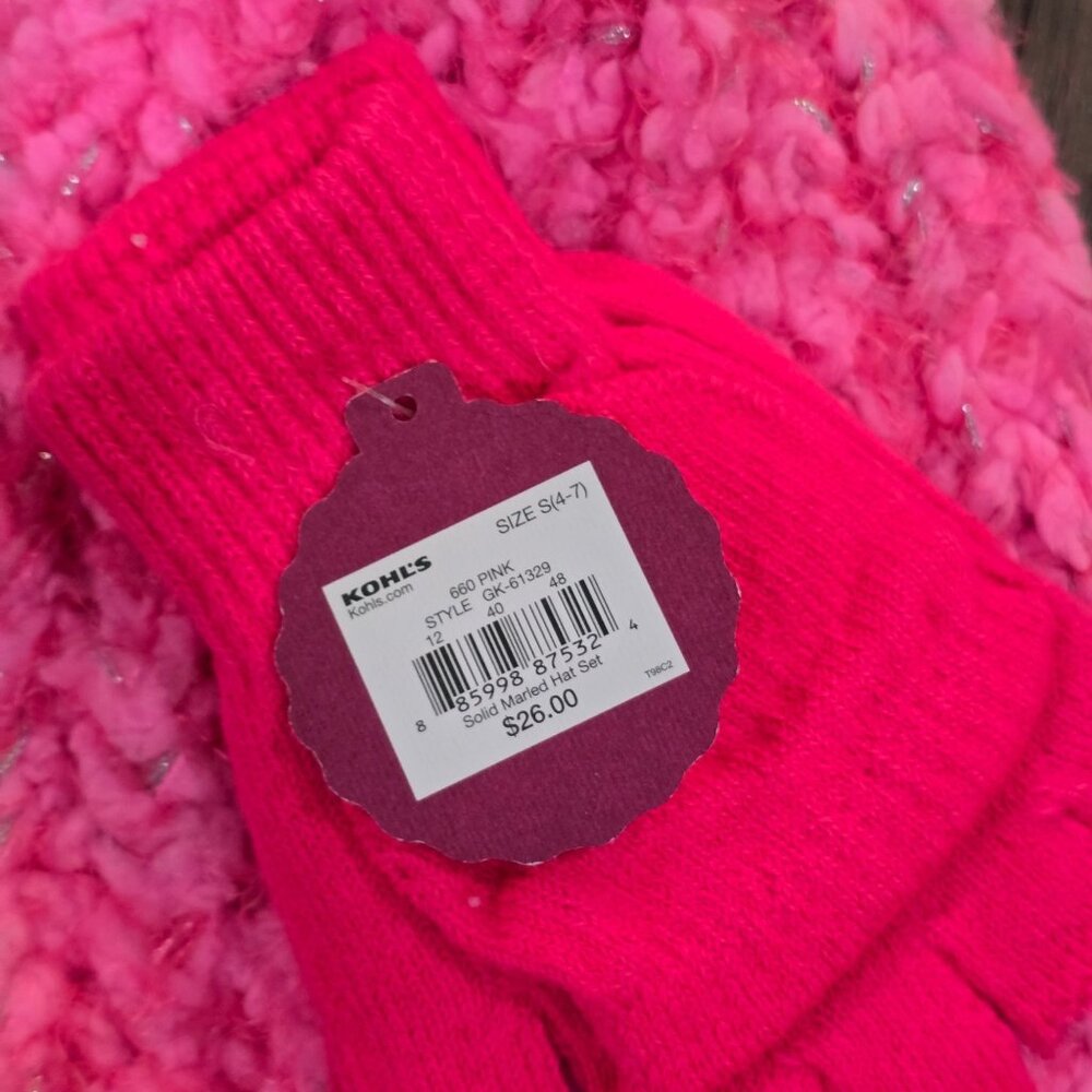 SO Kids Pink Knit Beanie Fingerless Gloves Mitten Flap Set Pom Pom NWT Age 4-7 - Picture 8 of 11